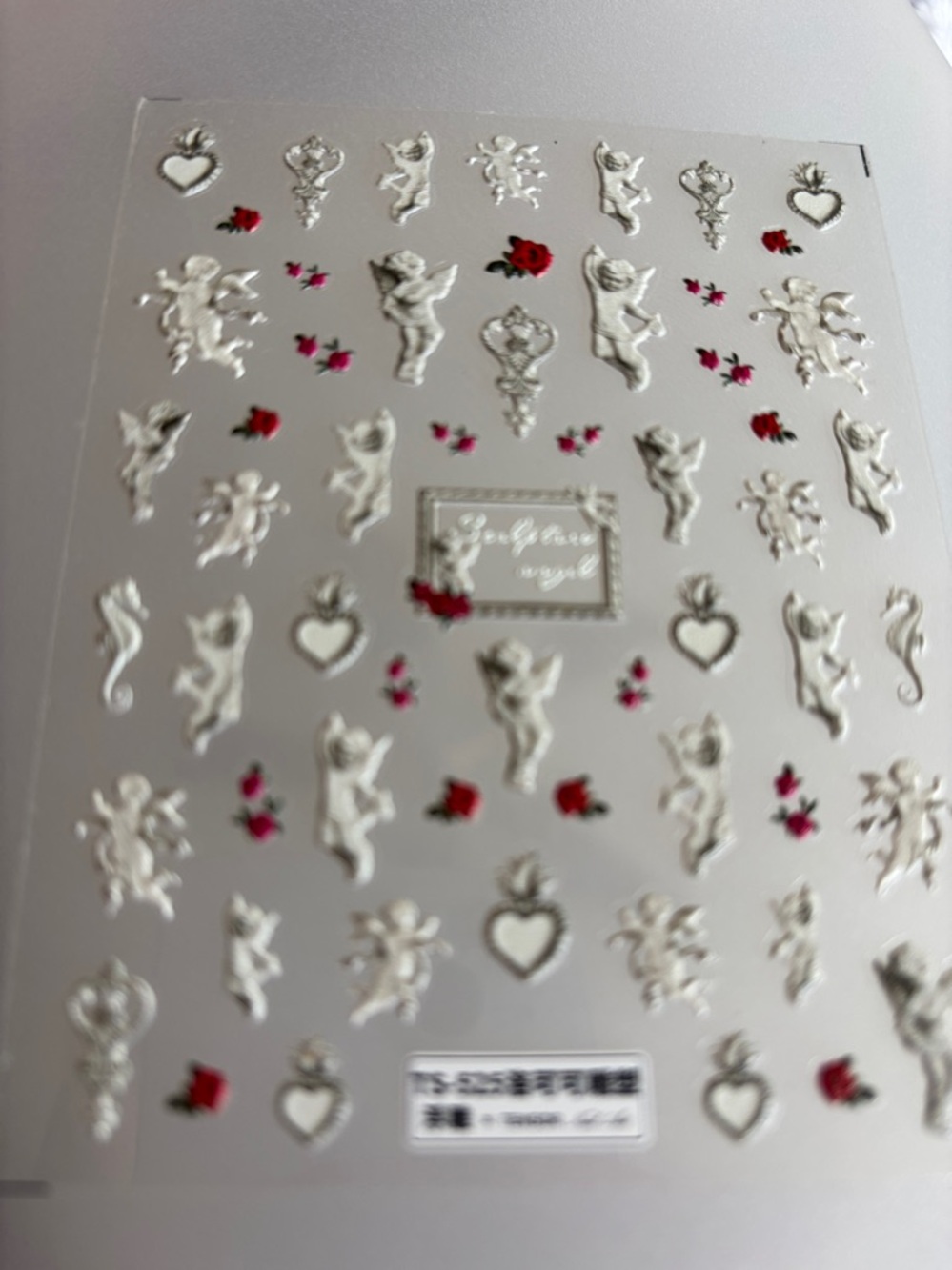 Silver Cherub and Red Rose and white accents Decorative nails Sticker Sheet